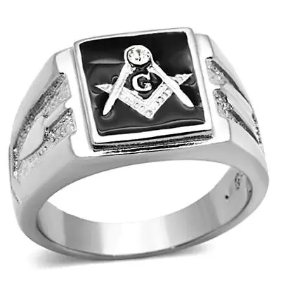 Mens Masonic Ring Cz Silver Onyx Signet Pinky Stainless Steel Military 1158 • £19.99