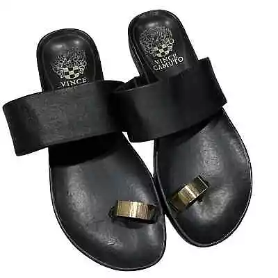 Vince Camuto 6.5 Black Leather Gold Accent Slip On Sandal • $28