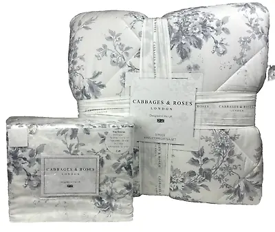 Cabbages And Roses KING Alderney Greyish Blue Comforter Sheet Set Shams Cotton • $339.99