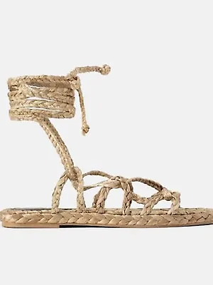 NWOT ZARA Strap Sandals BRAIDED JUTE Tie-Up HANDMADE GLADIATOR Shoes 36 2642/001 • $47