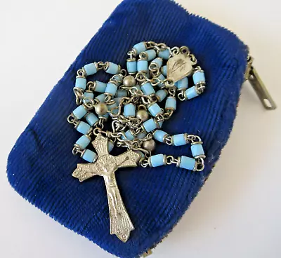 Vtg Capped Robin Egg Blue Cylinder Glass Bead Catholic Rosary  15½  Italy Pouch • $19.99