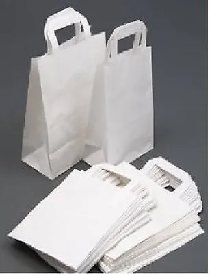 50 LARGE White Kraft Paper SOS Food Carrier Bags With Handles Party Takeaway • £10.99