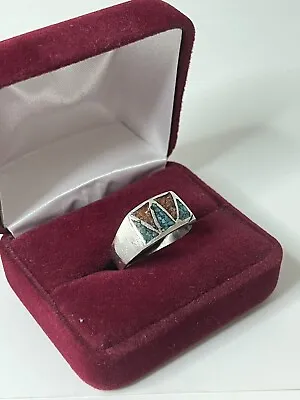 Vintage Sterling Silver Inlay Turquoise Coral Men’s Ring • $40