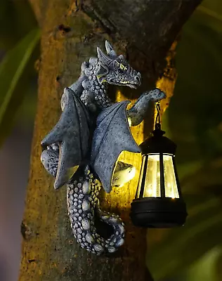 Tree Hugger Garden Dragon Statue With Solar Lantern - Outdoor Decor Welcome Sign • £42.59