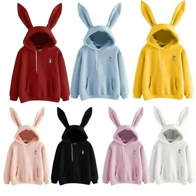 Women Rabbit Bunny Ear Hoodies Hooded Sweatshirt Pullover Jumper Casual Tops • £12.80