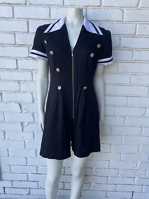 Vintage 80s Sailor Romper Womens Zip Nautical Buttons Black Scarlett Int. Size S • $25