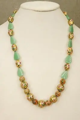Vintage Estate Jewelry Chinese Aventurine Leaf Unakite CLOISONNE Bead Necklace • $49.49