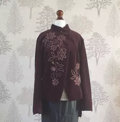 Vintage 80s ZARA Brownish Burgundy Velvet Blazer Floral Embroidered Jacket L • $46.60