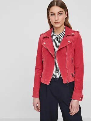 Woman Leather Jacket Vero Moda Fuchsia Red Nubuck Motorcycle Slim Sz XS Tailored • $89.99