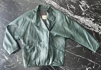 Vintage 80s Green Leather Jacket Shoulder PadsGeorgetown Leather Design Hip Hop • $49.99