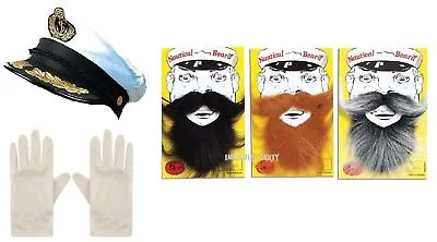 Mens Fancy Dress DELUXE Nautical Navy Sailor Captain HAT BEARD MOUSTACHE GLOVES • £11.99