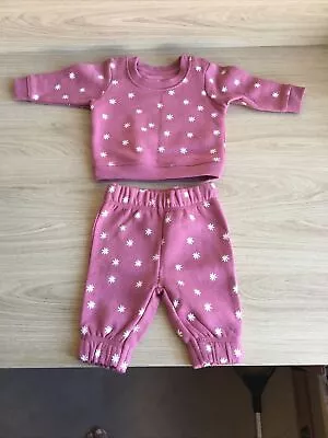 Primark Baby Girls Sweater Top & Joggers Set  Outfit Pink + White Stars 0-3m NEW • £5