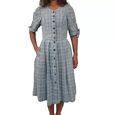 HAMMERSCHMID Dress 40 US 4/6 Traditional German Austrian Blue Plaid Cotton Pleat • $58.99