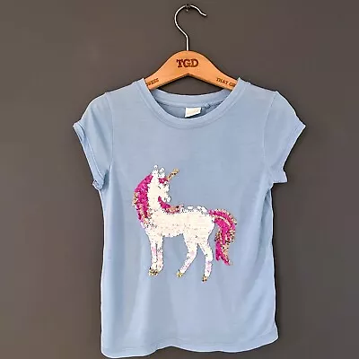 Girls Next Blue Sequinned Unicorn Short Sleeved Summer T-Shirt Top Age 4 Years • £1