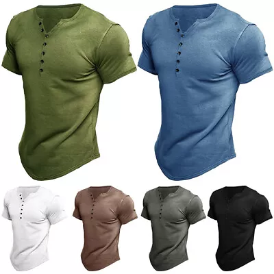 Men Vintage Button Pullover Tees T-Shirt Short Sleeve Tops Casual Slim Fit Solid • $12.62