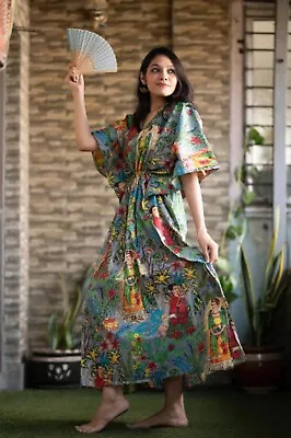 Indian Cotton Grey Floral Printed Kaftan Dress Women's Clothing Kaftan Dress AU • $33.75