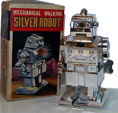 Vintage Windup Japan Robot Silver Chrome With Original Box • $149