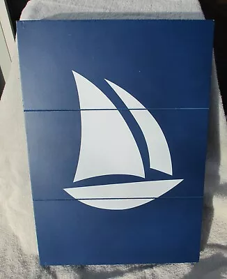 Mid Century Eames Marushka Era Art Wood Painted Sailboat Blue White Nautical • $19.99