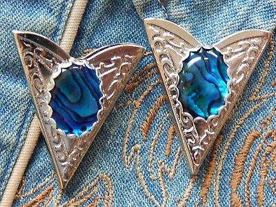 New  Blue Abalone Shell Collar Tips Silver Colour Metal Wedding Western Unisex • £20.99