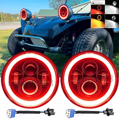 2x7''Round LED Headlights Hi/Lo Beam Red HALO DRL Fit VW Dune Buggy/Rail Buggy  • $50.30