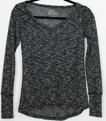 MUDD XS Women's Top Long Sleeve V-Neck Semi-Sheer Hi-Lo Hem Heather Black • $13.99