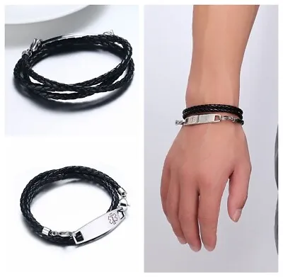 Medical Mens Alert ID Tag Braided Leather Bracelet Bangle Charm Wristband • £5.99
