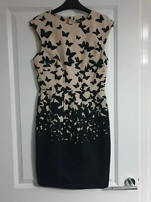 Warehouse Lovely Monochrome Black Cream Cotton Butterfly Print Shift Dress - 8 • £12.99