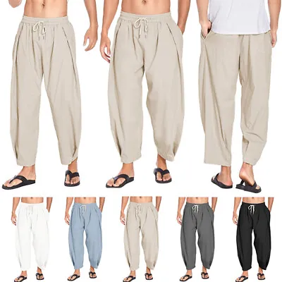 $22.87 • Buy Mens Loose Solid Beach Yoga Trousers 3/4 Length Casual Cotton Linen Harem Pants