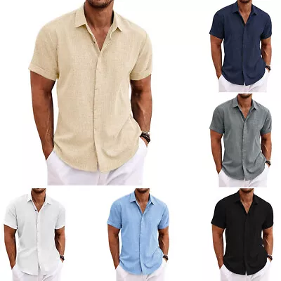 Men Linen Style Short Sleeve Shirts Beach Casual Button Down Formal Dress Shirt  • $7.59