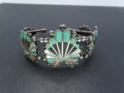 Vtg Sterling Silver & Multistone Headdress Inlay Cuff Bracelet Unsigned 28.6g • $46