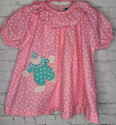 Vintage Pink Clown Stars Ruffle Baby Girl  Dress Sz 24 Mths Ruth Scharf  • $18.99