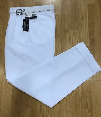 Men's White Pleated Dress Pants Slacks Trousers White Belt Cuffed Bottoms New • $39.99