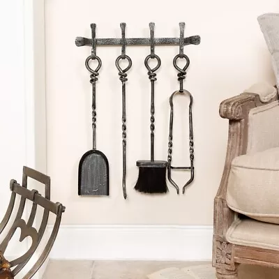 4 Piece Wall Hung Companion Set Fireplace Shovel Brush Tongs Poker Fire Tools • £39.99