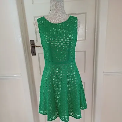 Korean Zooc Green Broderie Anglaise Lined Fitted Shift Skater Dress UK 8/10 VGC • $8.69