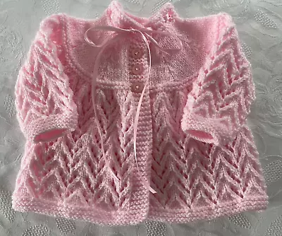 💖 New Hand Knitted Girl's Pink Shimmer Baby Matinee Coat Cardigan 0 -3 Months💖 • £10.50