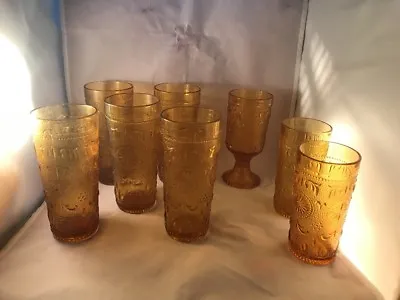 $60 • Buy Brock Way Glass CONCORD Daisy Amber Gold Tumblers Goblets Ice Tea 1977-78