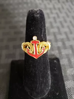 Vintage Crown Trifari Gold Tone And Red And White Enamel Anchor Ring Size 6.5 • $50