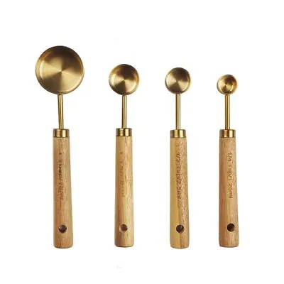 Measuring Spoon Set Wooden Handle Stainless Steel Measuring Cups Spoons UK • £7.88