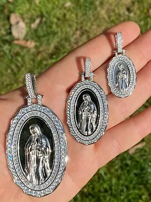 Real 925 Sterling Silver Virgin Mary Necklace Pendant Iced CZ Medallion Men • $71.98