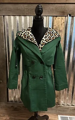 Zara Woman XL Hooded Trench Coat Jacket Green Leopard Trim Elastic Waist • $31.88