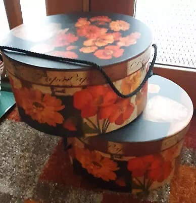 ~Large  French  Orange Floral Wig Hat Box ~ Rope Handles~ Poppies PARIS FRENCH • $35