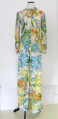 Vtg 60s 70s Flower Power Pants Suit Set S Cabot Bow Tie Wide Leg Mod Daisies • $98