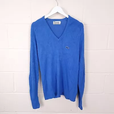 IZOD LACOSTE Jumper Mens M V Neck Knit Sweater Orlon Acrylic Blue Vintage USA • £24.90