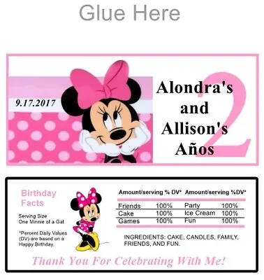 10 Ea Of: Minnie Mouse Candy Wrapper  4X2 Water Label 2.5  Labels First Birthday • $17.99