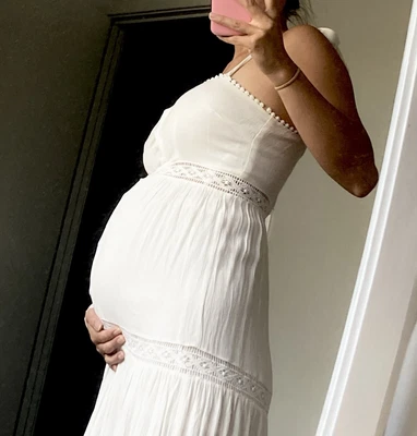 $30 • Buy Vintage Maxi White Cotton Embroidered White Dress Gown Maternity Boho Lace Panel
