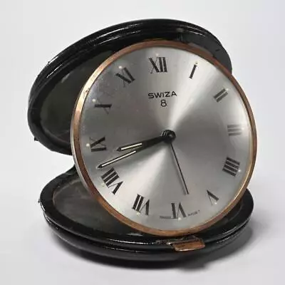 Swiza 8 Day Brass Black Leather Wind Up Pocket Travel Clock 3.5  Dia • $202.33