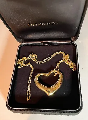 Tiffany & Co Elsa Peretti Open Heart Pendant Cable Chain Necklace 18k Gold 30” • $2800