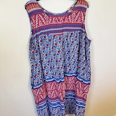 Vintage Womens Cotton Sleeveless Red Blue Boho Floral Midi MuMu Dress 2X Pockets • $24.99