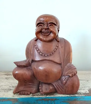 Carved  Wood Seated Laughing Buddha  Statute • £87