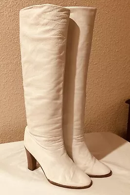 Italian Vintage White Leather Knee High Boots Size 9 EU 40 UK 7 • $30